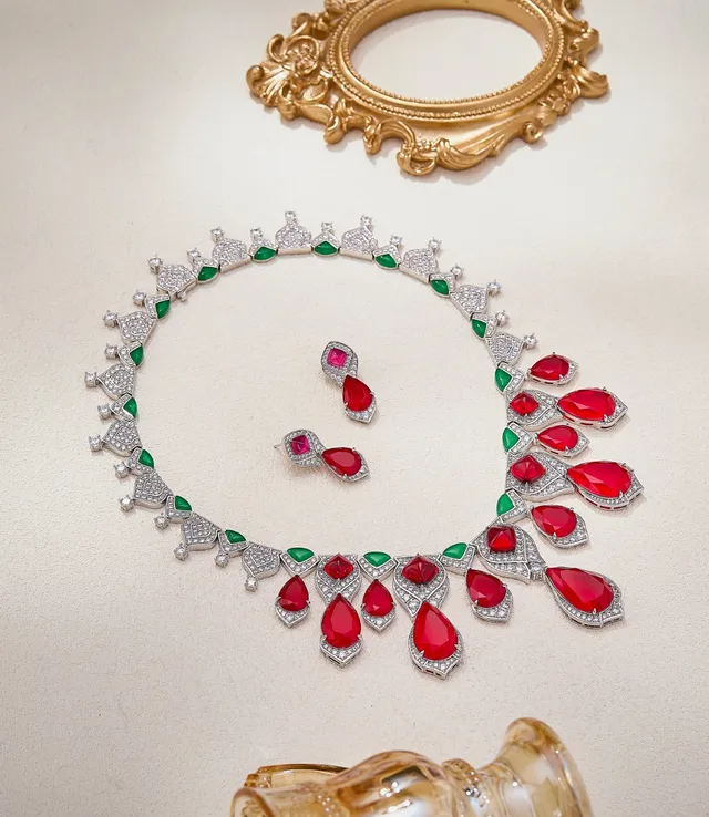 Red Pink Two-Stone Drop Pavé Diamond Halo Earrings