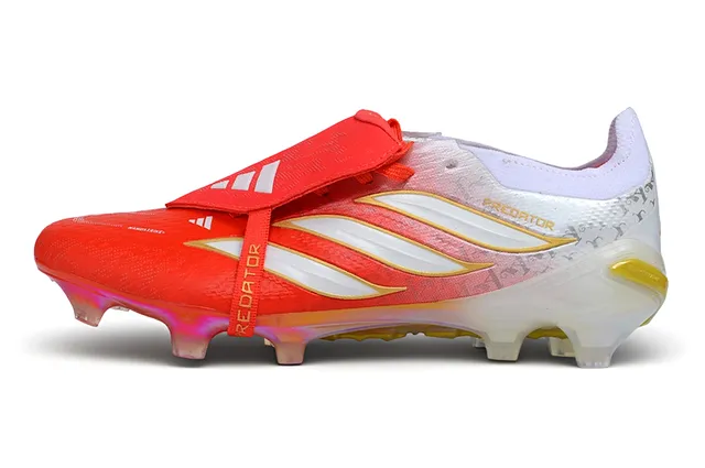 Adidas Predator Red White Laceless Strap Closure Iridescent Translucent Heel Cage Firm-Ground Soccer Shoes