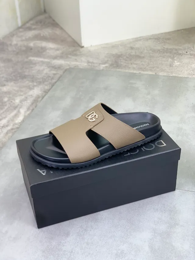 Dolce & Gabbana Beige Black Two-Strap Slide Textured Leather Upper Casual Sandals