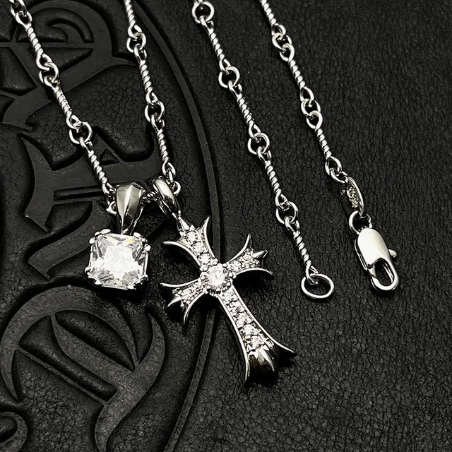 Chrome Hearts Cross Pendant Necklace Silver Purple Gothic Pavé Crystal Embellishment Necklace