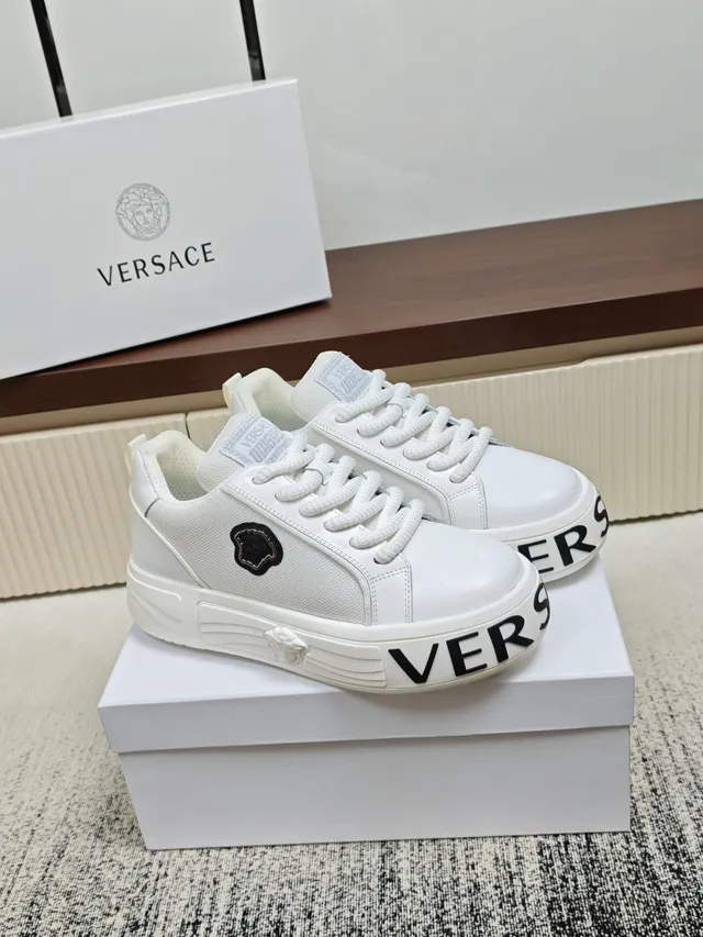 Versace White Black Leather-and-Fabric Upper Thick Sculpted Platform Sole Chunky Sneakers