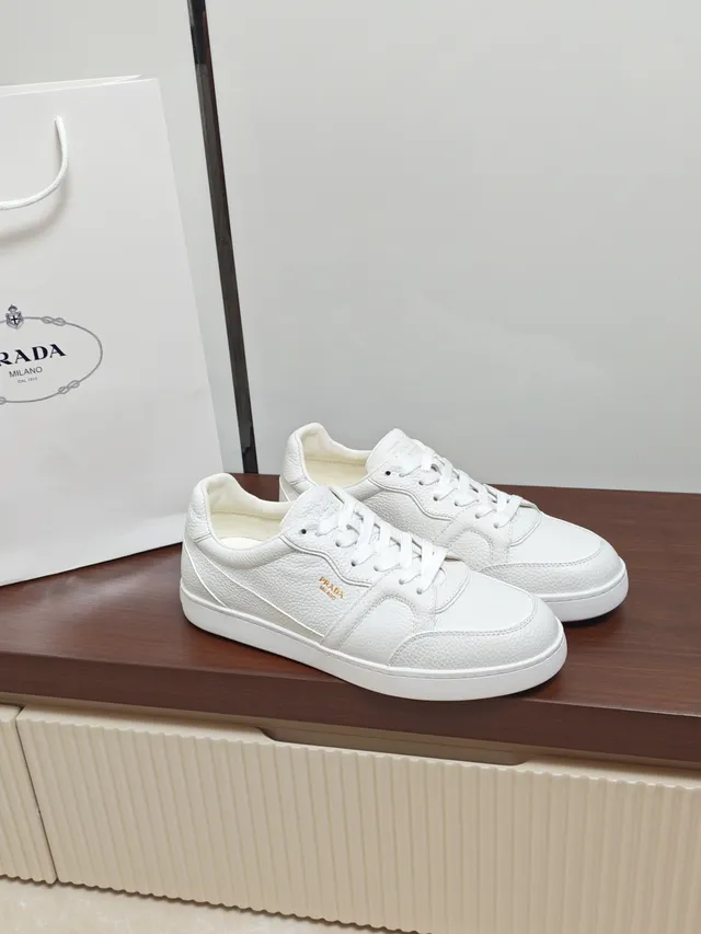 Prada White Gold Pebbled Leather Low-Top Lifestyle Sneakers