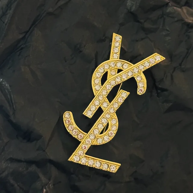 Saint Laurent YSL Monogram Crystal-Embellished Gold-Tone Brooch