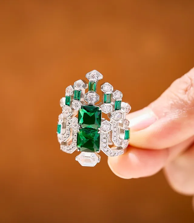 Emerald-Cut Green Gemstone and Diamond Art Deco Style Ring