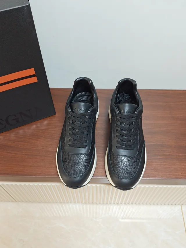Zegna Black White Pebbled Leather Upper Contrast Layered Midsole Sneakers