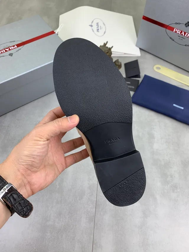 Prada Beige Black Suede Upper Triangle Logo Strap Loafer
