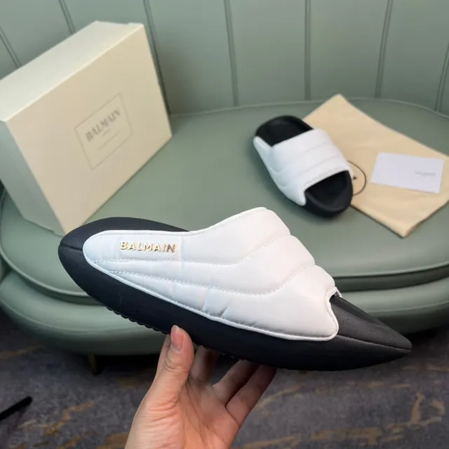Balmain B-Court White Black Quilted Strap Molded Sole Slippers