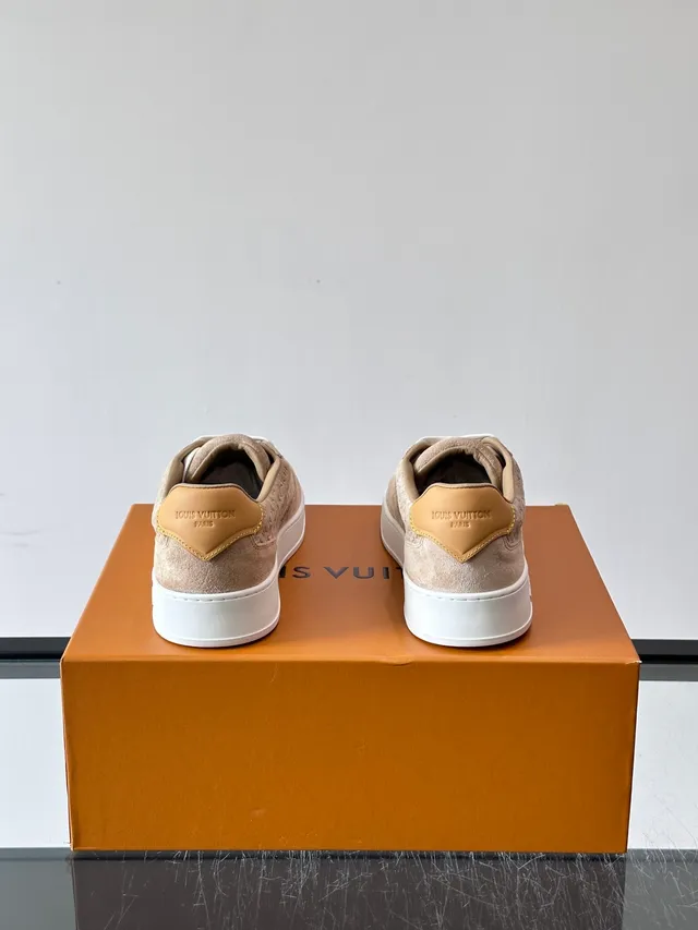 Louis Vuitton LV Trainer Beige White Monogram-Embossed Suede Low-Top Lace-Up Lifestyle Sneakers