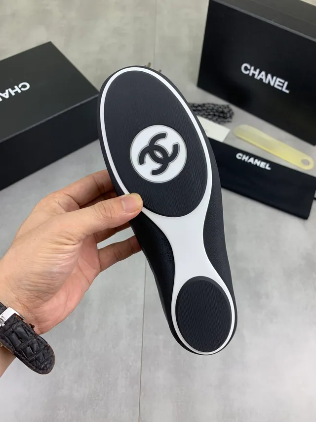Chanel Black Pink Sock-Fit Knit Upper Leather Toe Cap Ballet Flat