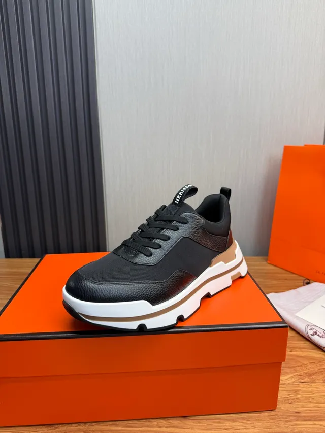 Hermès Black White Textile And Pebbled Leather Upper Layered Tan Sole Sneakers