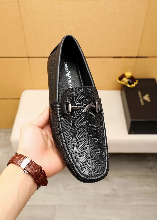 Giorgio Armani Black Silver Embossed Wave Pattern Metal Horsebit Buckle Loafer