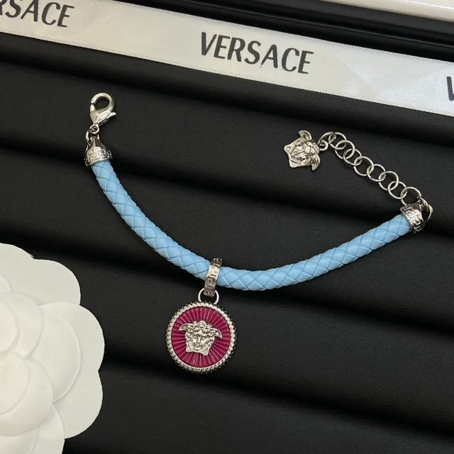 Versace Medusa Blue Pink Braided Leather Cord Enamel Pendant Necklace