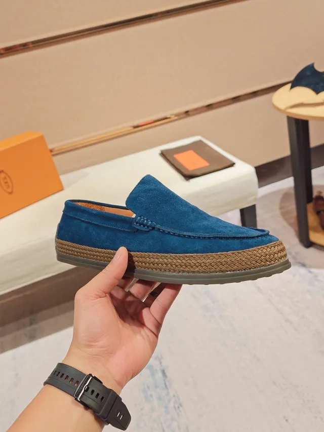 Blue Beige Suede Upper Braided Jute Sole Trim Loafer