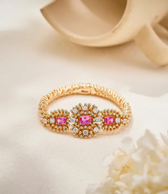 Gold Pink Twisted Rope Band Three-Cluster Floral Motif Bracelet