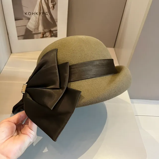 Celine Beige Brown Felt Satin Ribbon Bow Beret