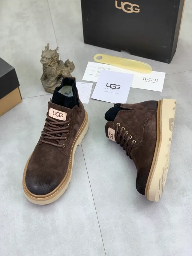 UGG Brown Suede Lace-Up Knit Collar Ankle Boot