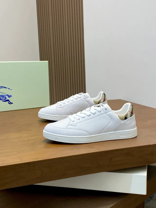Burberry White Beige Minimalist Leather Check-Print Heel Tab Lifestyle Sneakers