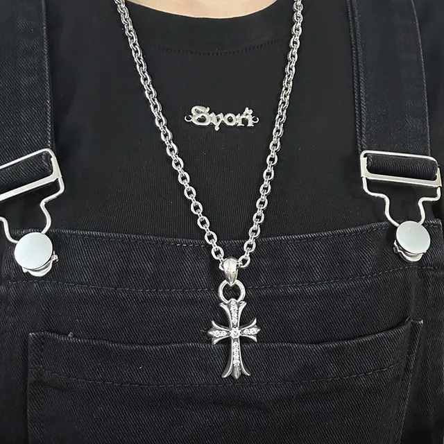 Chrome Hearts Silver Black Gothic Cross Pavé Crystal Necklace