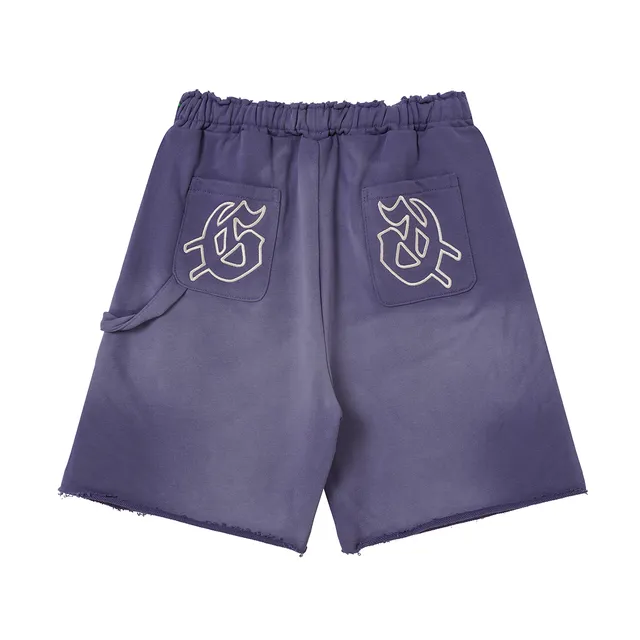 Purple Blue Elastic Waist Patch Pockets Shorts