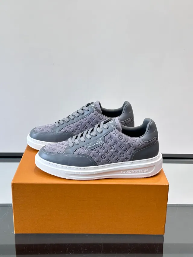 Louis Vuitton Gray White Monogrammed Canvas Upper Contrasting Dark Leather Overlays Lifestyle Sneakers