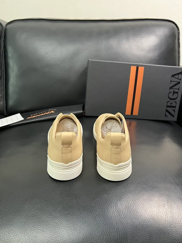 Zegna Beige Leather Slip-On White Sole Sneakers