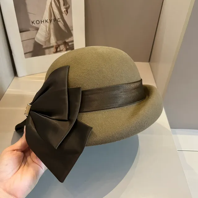 Celine Beige Brown Felt Satin Ribbon Bow Beret