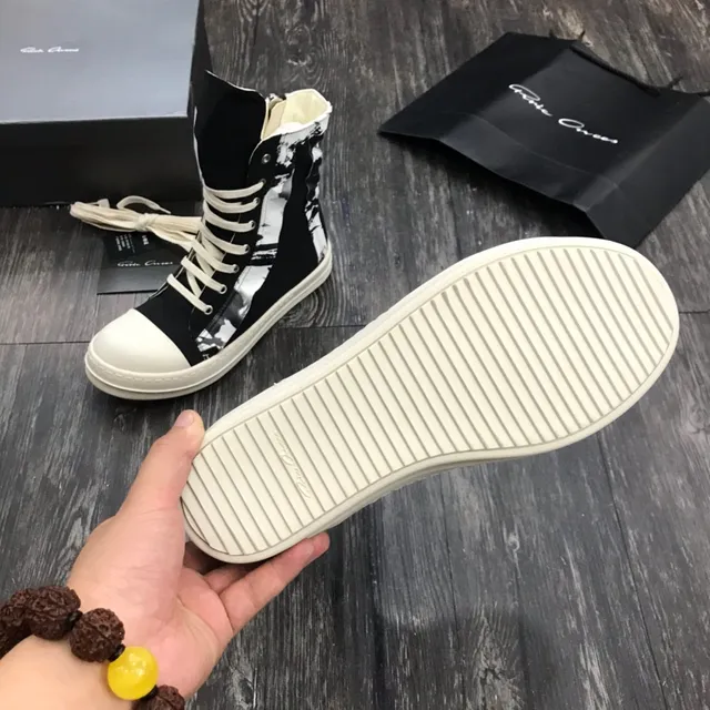 Rick Owens DRKSHDW Black White High-Top Platform Asymmetrical Paneling Ankle Boots