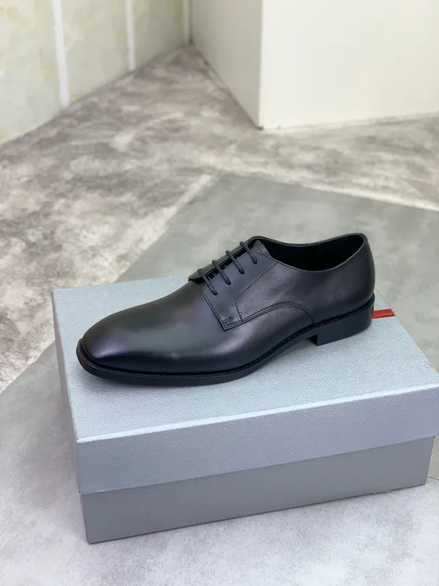 Prada Black Polished Leather Cap Toe Oxford Shoes