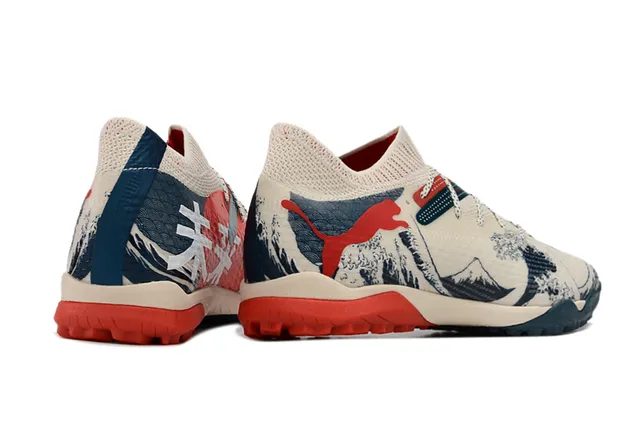Puma Beige Navy Knit Upper Wave-and-Mountain Graphic Print Sneakers