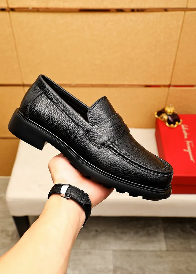 Salvatore Ferragamo Black Pebbled Leather Penny Loafers
