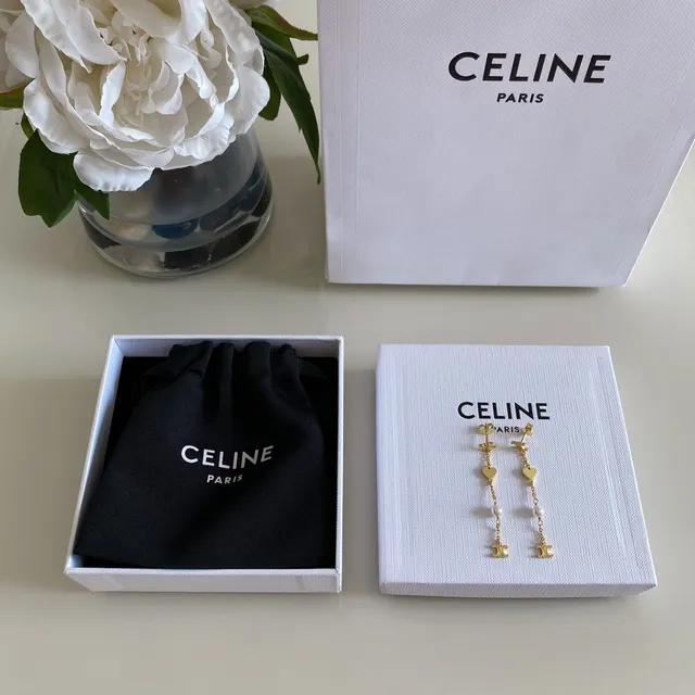 Celine Triomphe Heart and Pearl Chain Drop Earrings