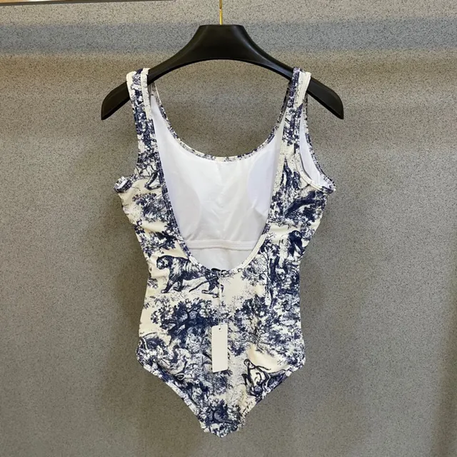 Christian Dior White Blue Toile-Print High-Cut Swimwear