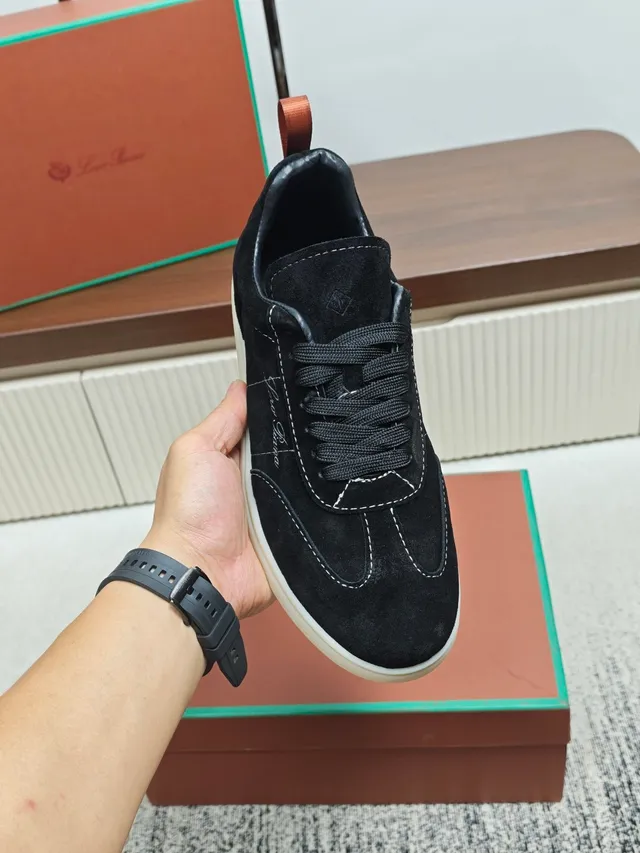 Loro Piana Black Suede Embroidered Logo Lifestyle Sneaker
