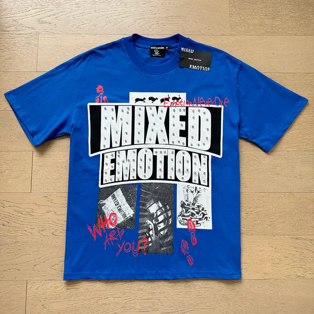 Mixed Emotion Blue Red Graphic-Print Marquee Typography T-Shirt
