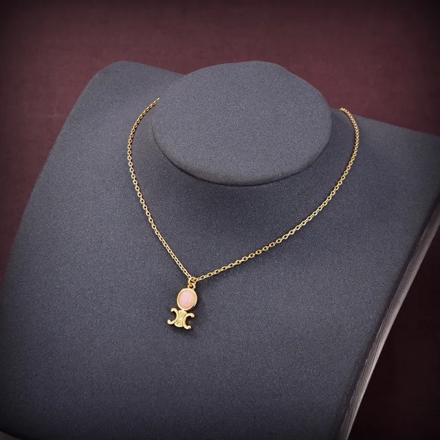 Celine Triomphe Gold-Tone and Pink Stone Necklace