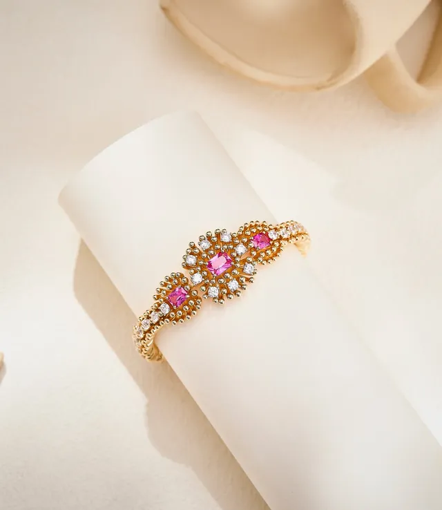 Gold Pink Twisted Rope Band Three-Cluster Floral Motif Bracelet