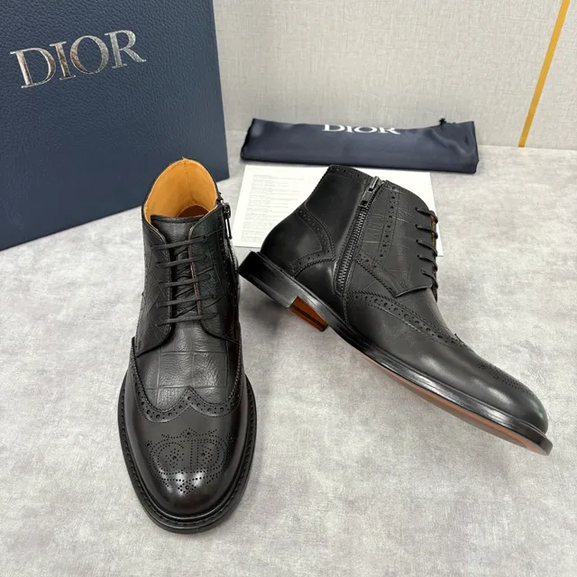 Dior Black Beige Brogue-Toe Crocodile-Embossed Ankle Boots