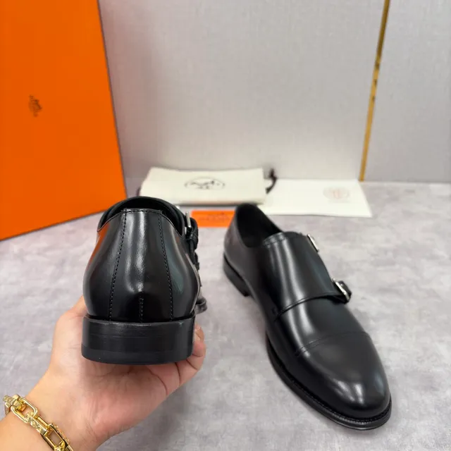 Hermès Double Monk Strap Cap Toe Black Leather Monk Shoes