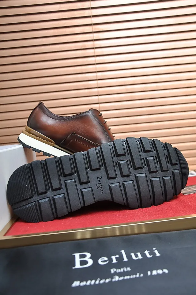 Berluti Brown White Polished Leather Embossed Crest Logo Derby Shoes