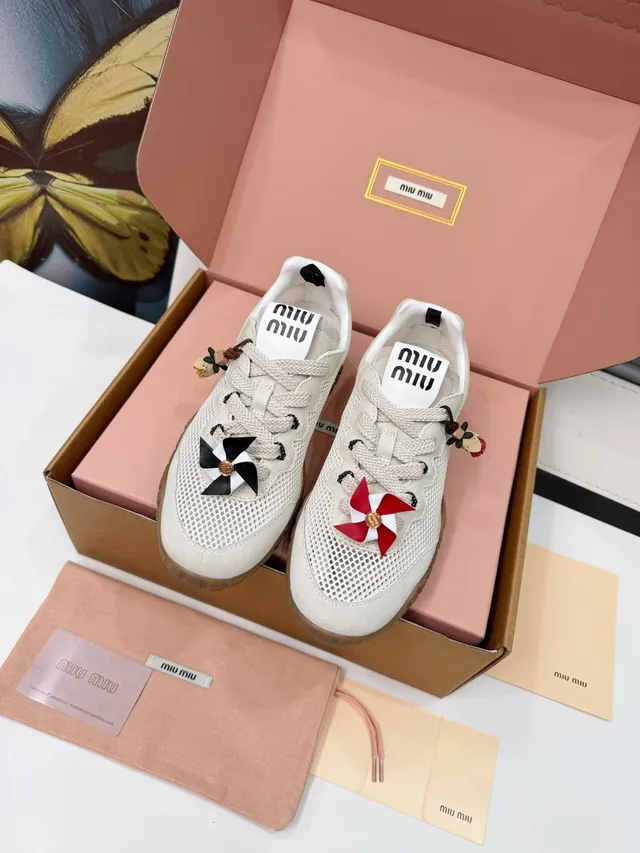 Miu Miu Wander Beige White Perforated Mesh Upper Suede Overlays Lifestyle Sneakers