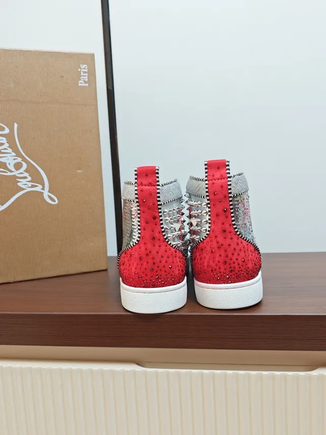 Christian Louboutin Louis Spikes Silver Red High-Top Studded Toe Lifestyle Sneakers