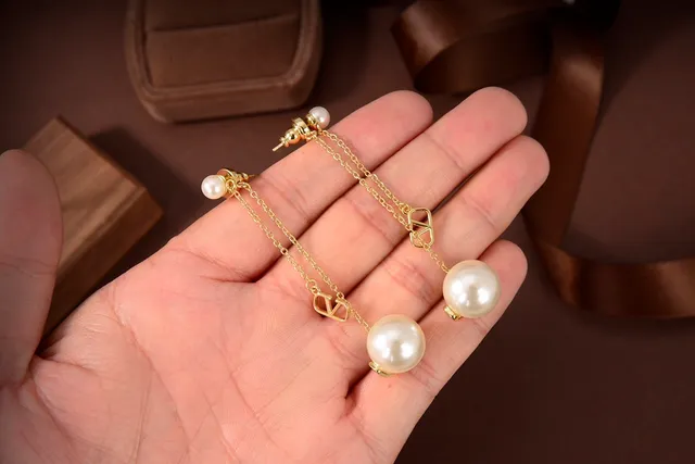 Valentino VLogo Pearl Drop Gold Chain Earrings