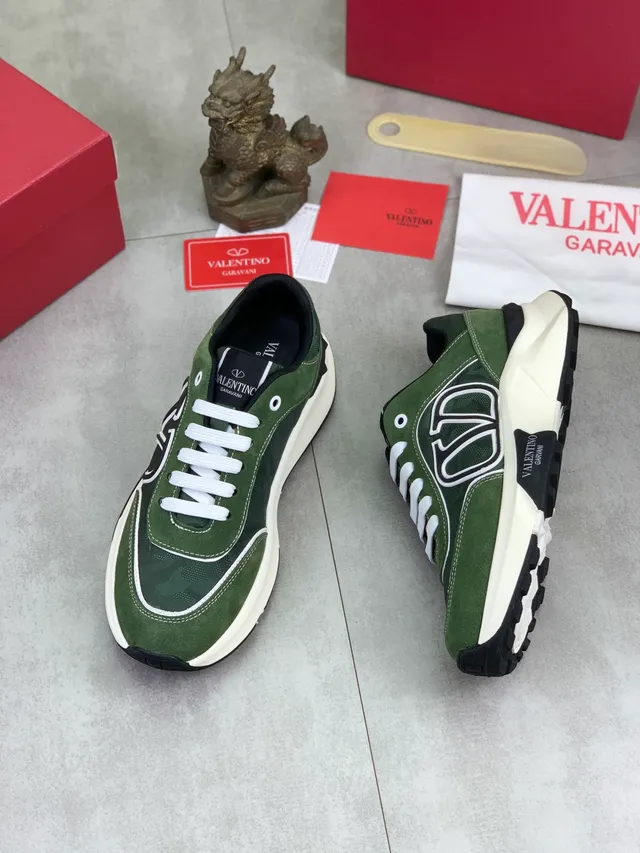 Valentino VLTN Runner Army Green White Olive Camo Mesh Suede Overlay Chunky Sneakers