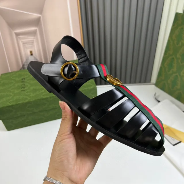 Gucci Web Black Green Stripe Strap Gold Bee Emblem Gladiator Sandals