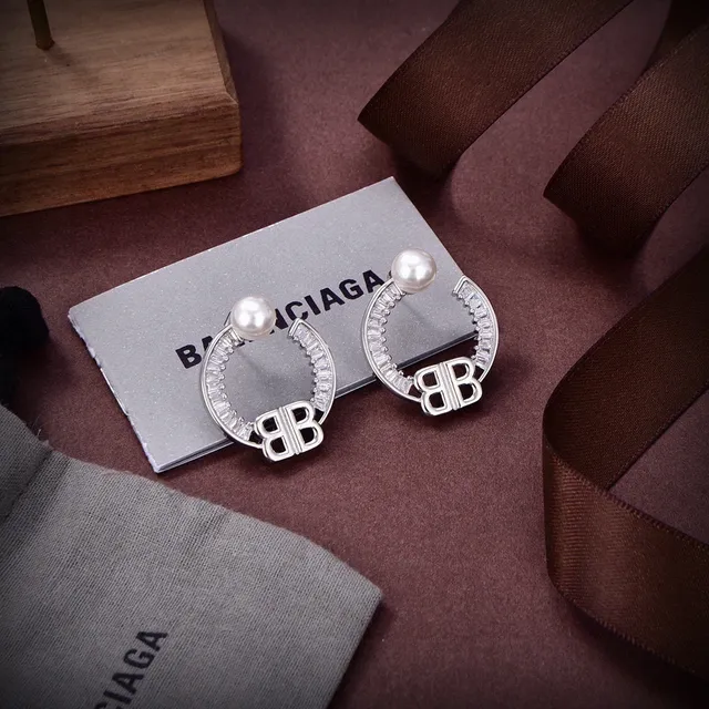 Balenciaga BB Pearl Hoop Gold Silver C-Shaped Double-B Monogram Earrings
