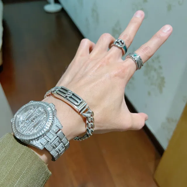 Balenciaga Silver Blue Chunky Curb-Link Chain Rectangular B-Buckle Clasp Bracelet