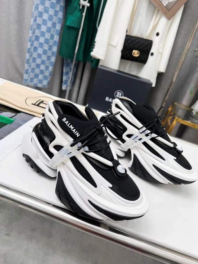 Balmain B-Court Black White Platform Sole Layered Construction Chunky Sneakers