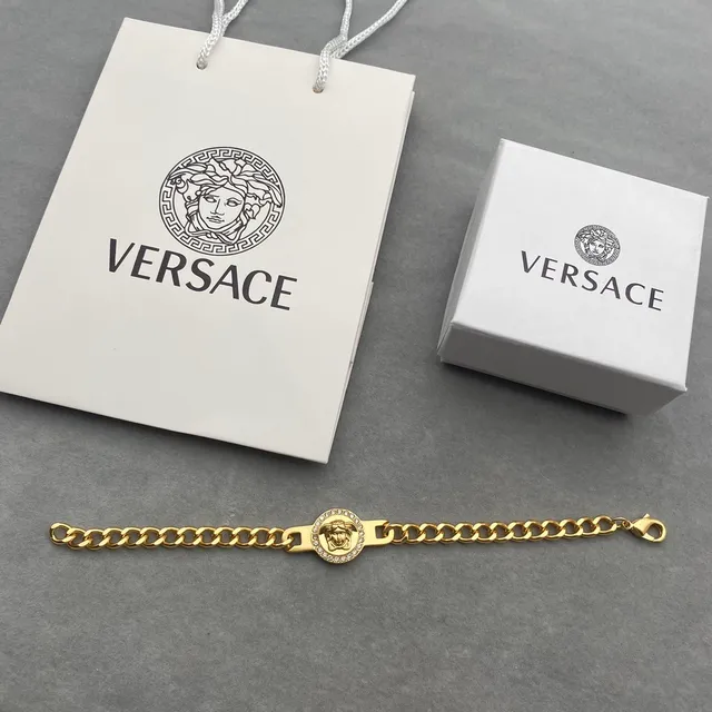 Versace Chain Reaction Medusa Head Crystal Bezel Gold-Tone Curb Chain Bracelets