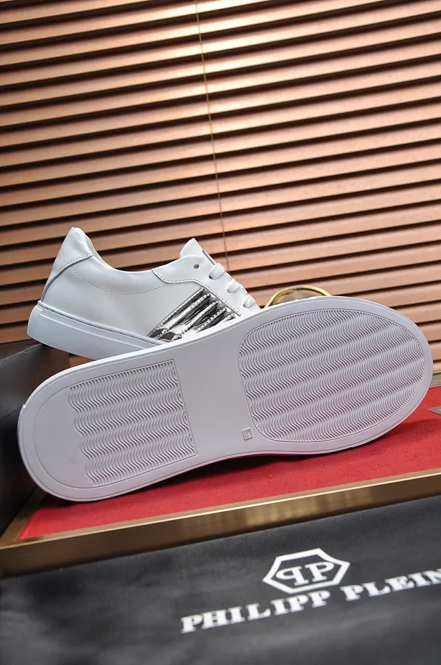 Philipp Plein White Silver Leather Upper Metallic Snakeskin Stripes Sneakers