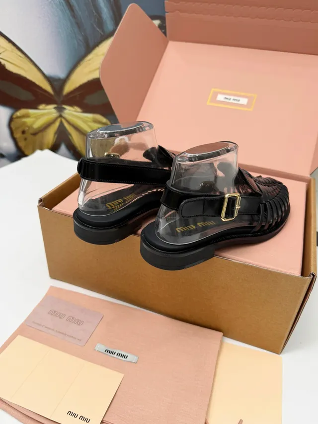 Miu Miu Wander Black Transparent Woven Leather Strap Casual Sandals